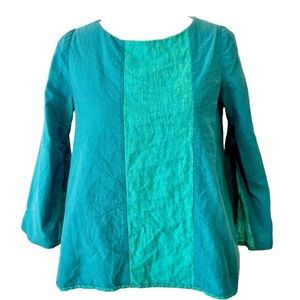 Asymmetric Hand Made Linen Blouse Turquoise Stripe Pockets Long Sleeved Sz S